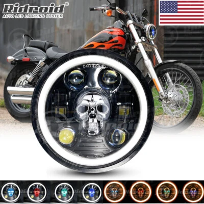 5.75" RGB Skull LED Headlight Halo DRL for Harley-Davidson Dyna Wide Glide FXDWG - Image 1 of 4