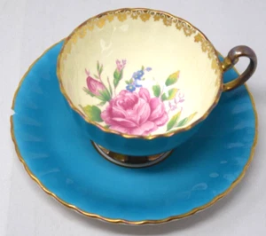 Platillo de taza de té Aynsley England rosa repollo rosa azul - Imagen 1 de 11