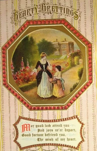 Hearty Greetings Postcard Victorian People In Garden Germany Series 4000 Unused - Picture 1 of 3