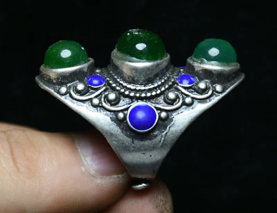 Anillo de dedo antiguo de 4 cm con incrustación de plata del Tíbet esmalte de jadeíta dinastía  Foto 1 de 4
