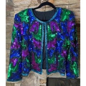 New Original VTG Mary McFadden M Multicolor Silk Chiffon Sequined Jacket Medium - Picture 1 of 19