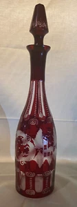 Egermann Czechoslovakia Ruby Red Cut Etched Crystal Decanter Deer Stag Castle - Picture 1 of 24