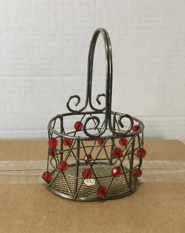 Vintage Mini Metal and Wire Silvertone and Red Beaded Handle Basket Cover