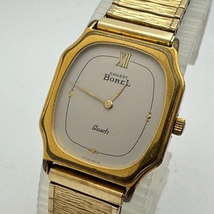 Vintage Ernest Boral Swiss Quartz Watch Men Gold Plated Band Barrel New Battery - Picture 1 of 6