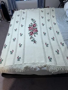 One Of a Kind Hand Crocheted Cross Stitch Wool Cream Color Blanket, 51”x70” Twin - Picture 1 of 10