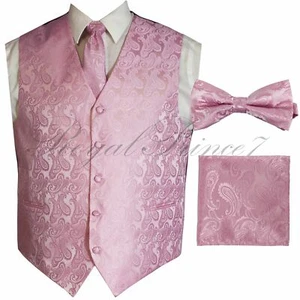 Pink XS to 6XL Paisley Tuxedo Dress Vest Waistcoat & Neck tie & Bowtie And Hanky - Picture 1 of 4