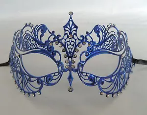 Blue Filigree Metal Venetian Masquerade Party Mask Silver Diamonte * NEW * - Picture 1 of 1