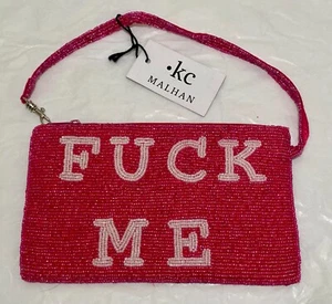 Neu rosa und weiß Perlen Handtasche Clutch Kalbsleder F^ck You Me Handy Club Bag - Bild 1 von 3