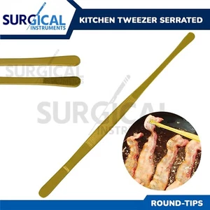 BBQ Kitchen Cooking Tweezers Tongs 10" Extra-Long Stainless with Round Tip Gold - Picture 1 of 9
