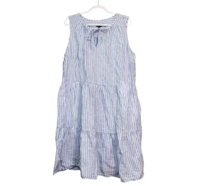 Talbots Tiered Dress Size 1X Blue White Striped 100% Linen Beach Coastal Preppy - Picture 1 of 12