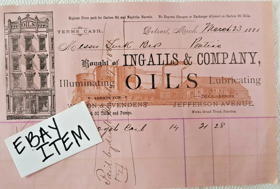 1881 Detroit Michigan Billhead Ingalls & Co illuminating Oils Jeffersen Avenue - Image 1 of 1