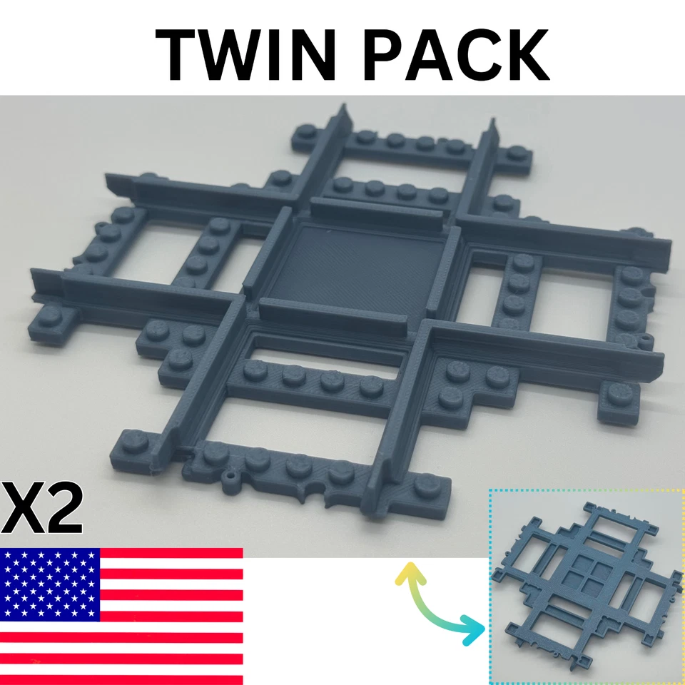 2X TWO PACK Lego Train Track Crossing Crossover Cross 90 Degree Junction Gray - Image 1 of 4