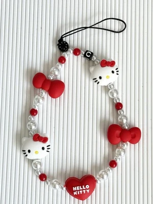 Hello Kitty Beaded Bracelet with Red Heart Charm Phone Charm Purse Charm New - Image 1 of 3