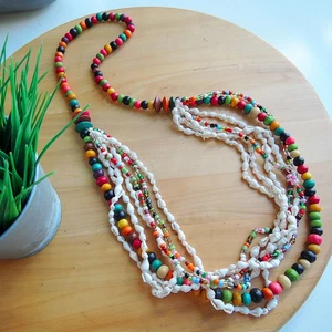 Large Multicoloured Wood & Natural Shell & Glass Bead Necklace Jewellery SPN-56 - Picture 1 of 7