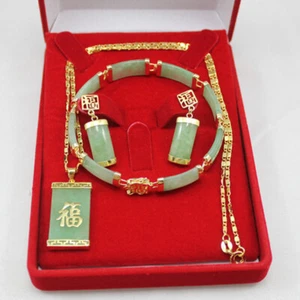 Orecchini Bracciale Giada Verde Placcato Oro 18K Collana Ciondolo Donna Set Gioielli - Foto 1 di 16