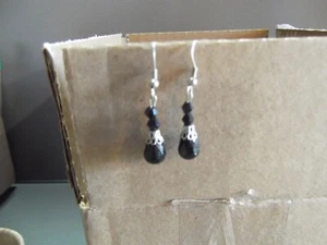 1 Pair Old Dangle Drop Glass Earrings Black Teardrop Style Style 1.25"in - Picture 1 of 7