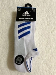 NEW 3 PAIR PACK MENS ADIDAS SUPERLITE NO SHOW SOCKS 6-12 WHITE / BLUE CUSHIONED - Picture 1 of 4