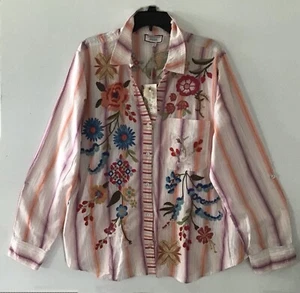 Johnny Was Multicolor Long Sleeve Floral Striped Embroidered Button Up Top L - Picture 1 of 4