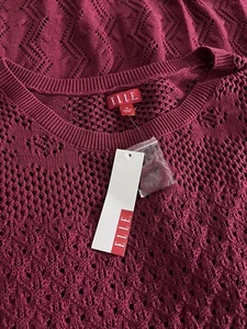 NWT ELLE Size Medium Open Knit Burgundy Sweater Dress Cuffed Short Sleeves - Picture 1 of 18