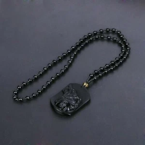 Hand Carved Natural Genuine Obsidian Howling Wolf Head Amulet Pendant Necklace - Picture 1 of 7