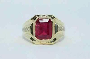14K Yellow Gold Plated 3Ct Emerald Cut Men's Lab-Created Red Ruby Wedding Ring - Picture 1 of 4