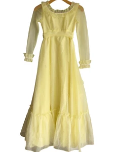 Vintage 70s Lorrie Deb Yellow Swiss Dot Chiffon Prairie Gown Prom Dress Ruffle S - Picture 1 of 12