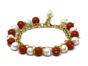 Bracciale charms palline di pasta di corallo rosso Sardegna e perle bianche - Picture 1 of 6