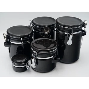 5-Piece Black Ceramic Canister Set w/ Lids & 3 Spoons, Sealed Clamp Closure - Picture 1 of 12