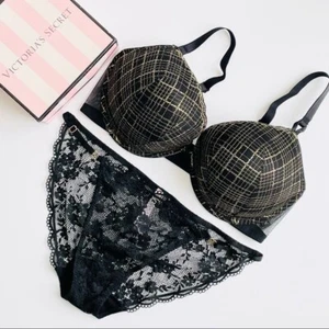 40DD XXL Victoria’s Secret black gold plaid pushup bra set lace bikini panties - Picture 1 of 6