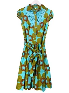 Sika Shirt Dress Size UK6 Womens Midi Floral Blue Green Ruffle African Cotton - Picture 1 of 23