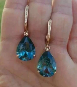 14K Yellow Gold Plated 2Ct Pear Cut Lab Created Blue Topaz Drop Dangle Earrings - Picture 1 of 2