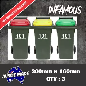 3x Rubbish Bin Sticker house number street name Decal Garbage wheelie bin sign - Picture 1 of 4