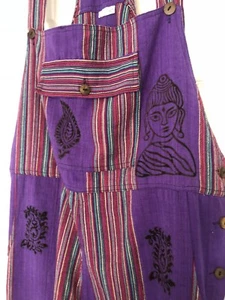 Vintage 90s Overalls Buddah Print Rainbow Stripes Purple Rave Hippie Festival - Picture 1 of 6