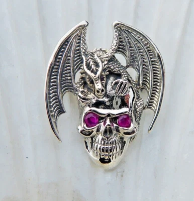 Fine Silver Ruby Eye Skull & Dragon Brooch - Image 1 of 4