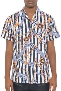 Mens Gold Chain Status Print Button Down Shirt - Picture 1 of 2