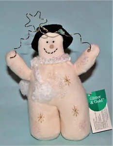 Russ Berrie plush snowman w black hat #11837 NEW 8in hanging, Glitter & Gold - Picture 1 of 5