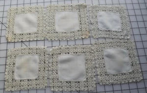 1215 6 antique hand made crochet coasters, ecru cotton, linen centers, canape - Picture 1 of 3