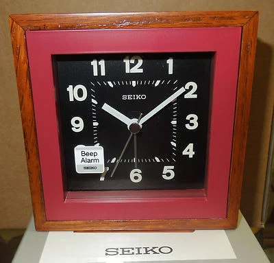 SEIKO -  SQUARE WOOD TRIM WITH RED BEEP ALARM CLOCK QXE047RLH - Image 1 of 4