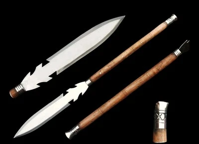 Lanza Guerrero Tribal Hecha a Mano con Mango de Madera Tallada Hoja de Acero Pulido Foto 1 de 4