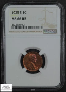 1935 S Red-Brown Lincoln Wheat Copper Cent 1C NGC MS 66 RB - Picture 1 of 6
