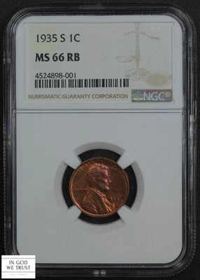 1935 S Red-Brown Lincoln Wheat Copper Cent 1C NGC MS 66 RB - Image 1 of 4