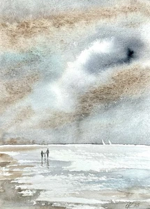 Watercolor Original Painting Landscape beach sea people Seascape Sand A4 - Picture 1 of 9