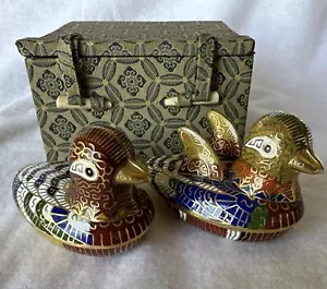 Coppia di scatole portagioie vintage Cloisonné ottone smaltato mandarino anatra uccellino con scatola - Foto 1 di 23