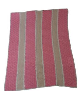Throw Blanket Vintage Crochet Pink Tan stripes 62x50 multiple patterns 