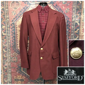 VTG Stafford Blazer Mens 42S Red 1990s USA Poly Wool Gold Buttons Suit Jacket - Picture 1 of 18