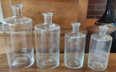 4 Anciens Flacons Pharmacie Apothicaire ancien/Verre Soufflé/Old Apothicary  - Photo 1/2