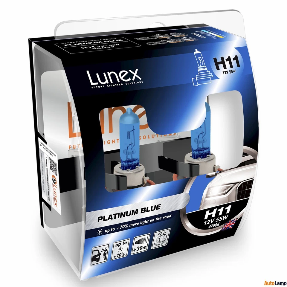 Lunex H11 PLATINUM BLUE 12V 55W Headlight Bulbs Super Blue PGJ19-2 Set 4700K - Image 1 of 1