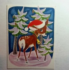 Vintage Unused Fravessi Xmas Greeting Card Sweet Deer With Santa Hat, Very Cute