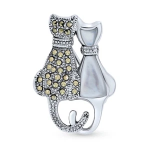 Black & White Marcasite Cat Brooche Pin Sterling Silver Pearl & Onyx - Picture 1 of 3