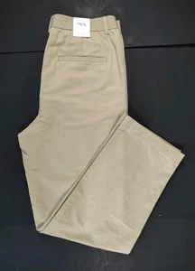 ZARA-NWT-Men's Beige Relaxed Fit Pleated Cotton Blend Chino Pants-Size L - Picture 1 of 13